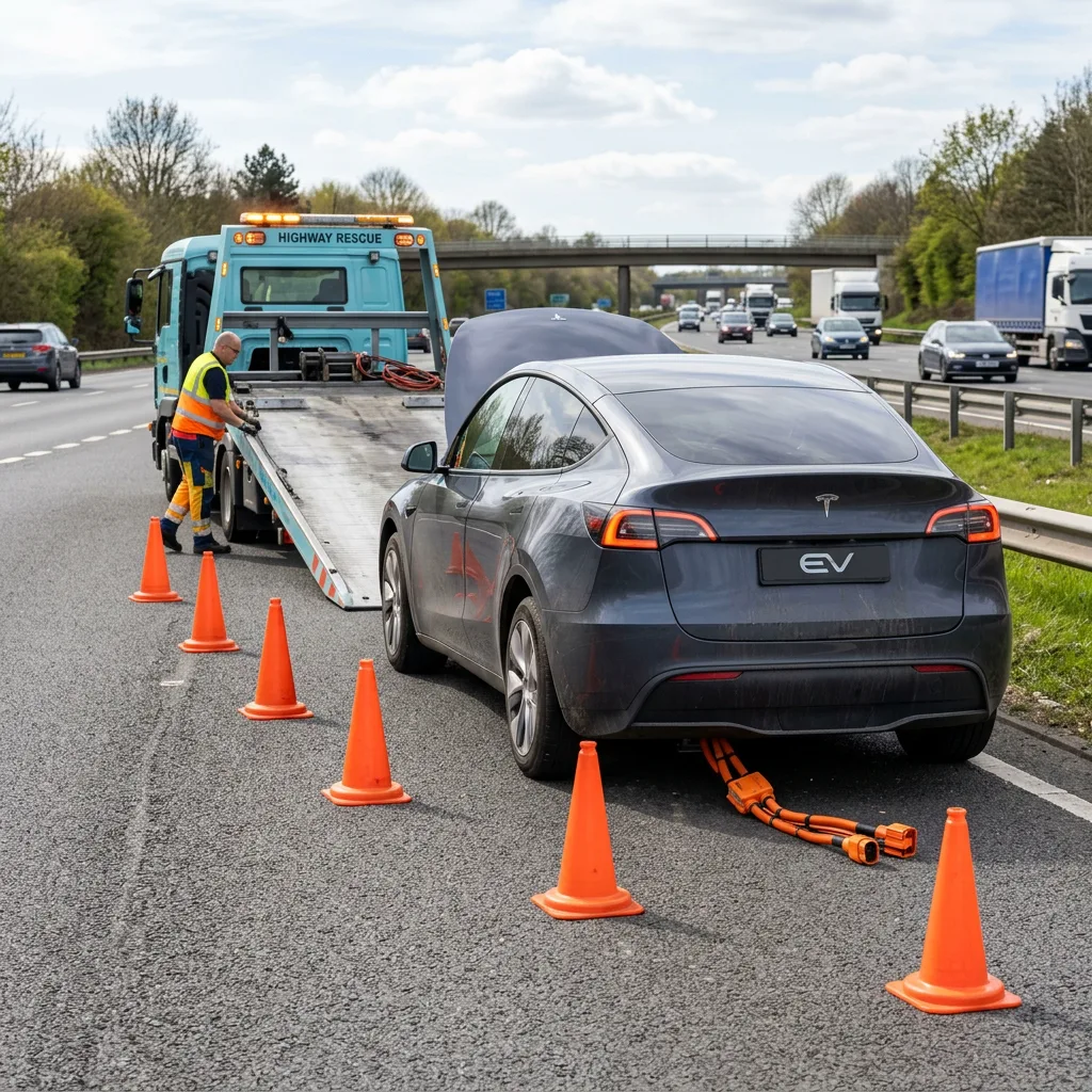 Véhicule électrique en panne avec dépanneuse spécialisée